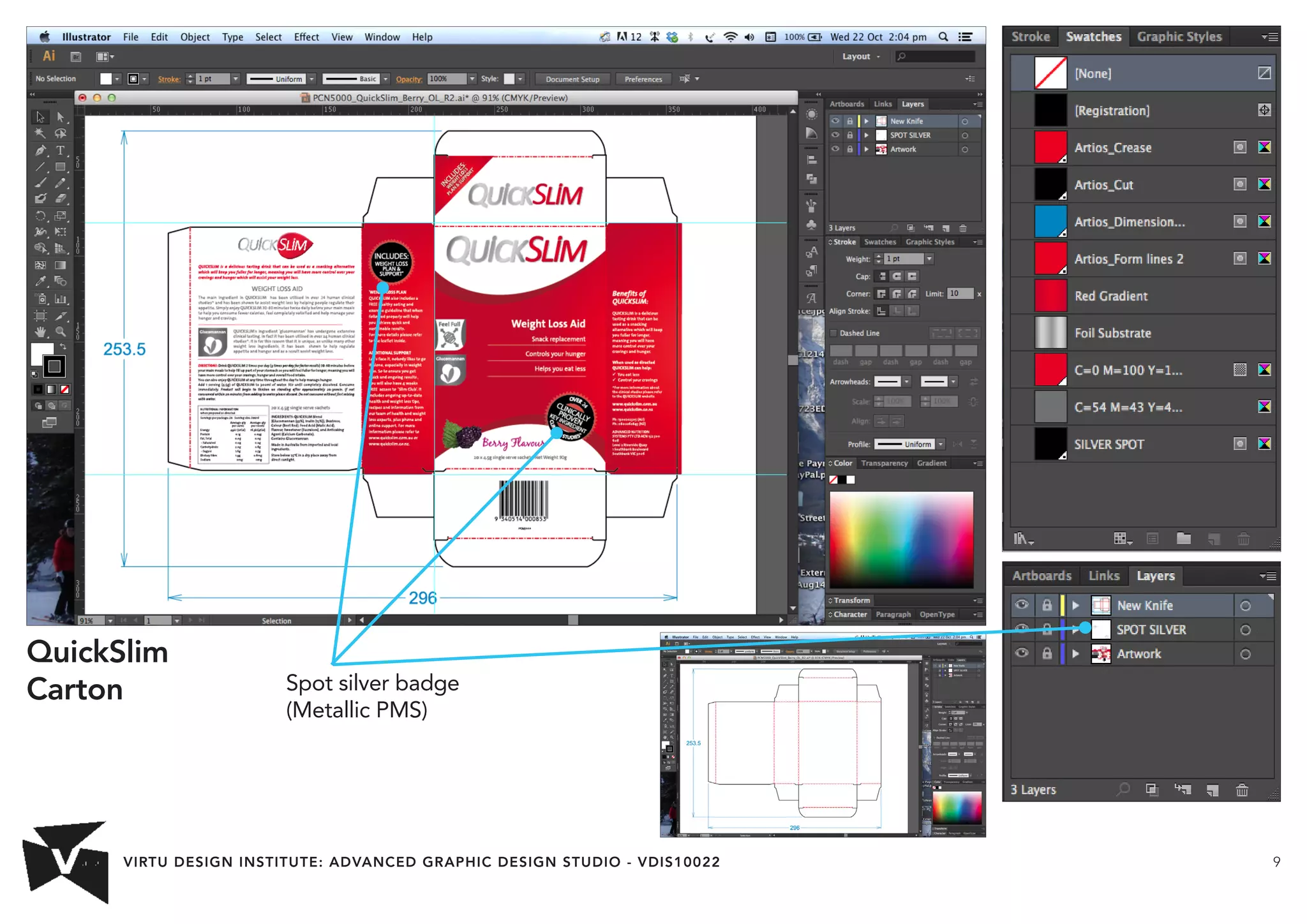 VIRTU DESIGN INSTITUTE: ADVANCED GRAPHIC DESIGN STUDIO - VDIS10022 9 
Spot silver badge 
(Metallic PMS) 
QuickSlim 
Carton 
 