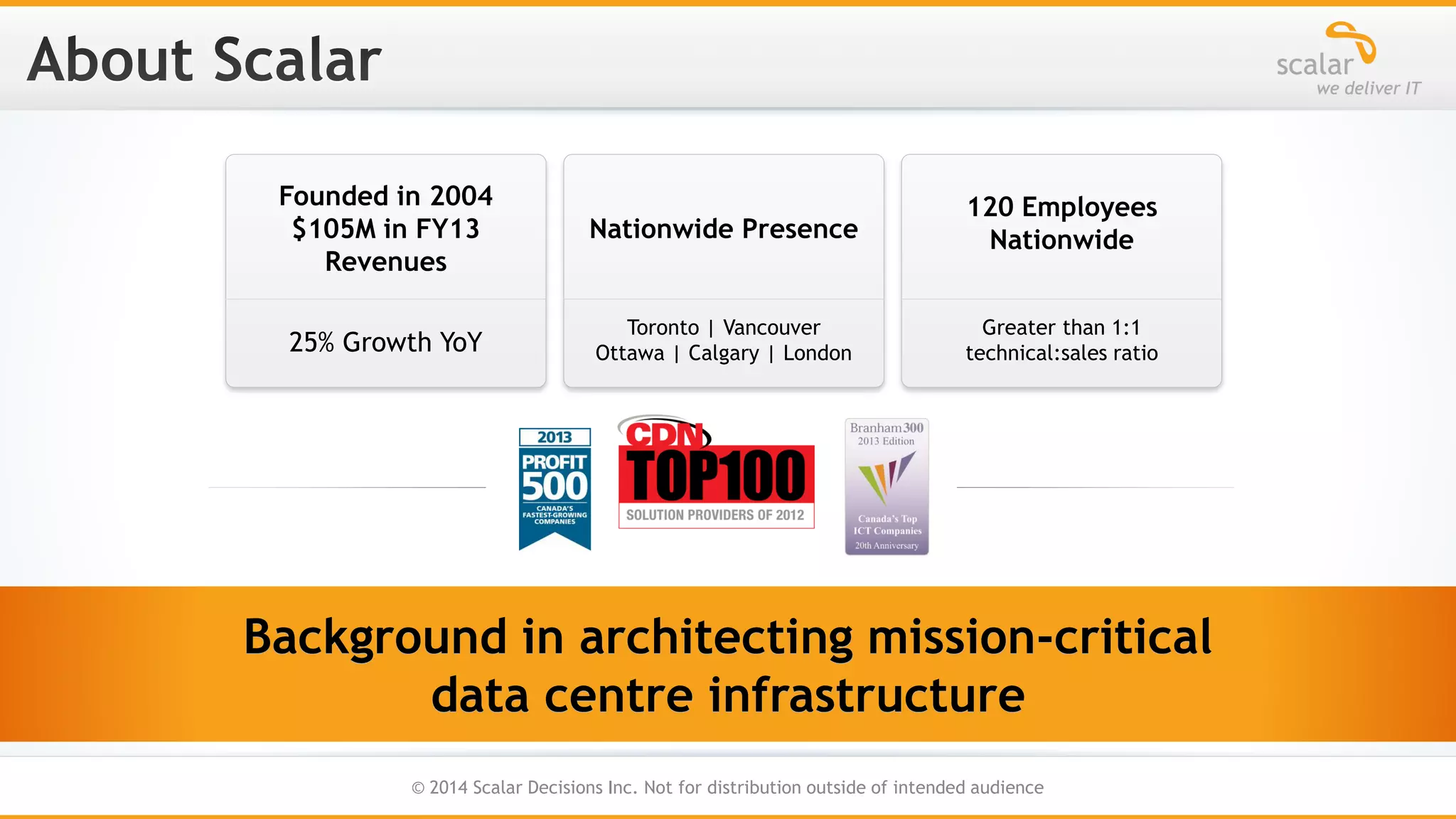 Founded in 2004
$105M in FY13
Revenues

Nationwide Presence

120 Employees
Nationwide

25% Growth YoY

Toronto | Vancouver
Ottawa | Calgary | London

Greater than 1:1
technical:sales ratio

Background in architecting mission-critical
data centre infrastructure
4
© 2014 Scalar Decisions Inc. Not for distribution outside of intended audience

 