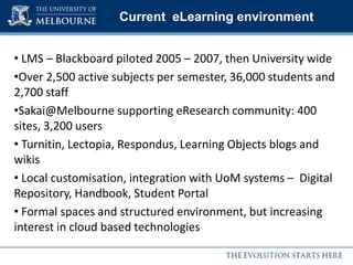 Current  eLearning environment LMS – Blackboard piloted 2005 – 2007, then University wide