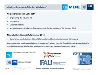 VDI-Bezirksverein Bayern Nordost e.V. / VDE-Bezirksverein Nordbayern e.V., WG Integrated Plant Engineering / AK Durchgängige Anlagenplanung, Kontakt: Matthias Barbian, matthias.barbian@siemens.com
No conference fee.
Further information by matthias.barbian@siemens.com
www.automation-valley.de/IPEC2015
Simulation Schnittstellen und Standardisierung
Betrieb und Instandhaltung Engineering 2050
25. März 2015 09:00 bis 17:00 Uhr
IHK Akademie
Nürnberg
Keine Konferenzgebühren.
Weitere Informationen bei matthias.barbian@siemens.com
www.automation-valley.de/IPEC2015
 