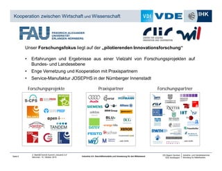 Industrie- und Handelskammer
Nürnberg für Mittelfranken
VDI Bayern Nordost
VDE Nordbayern
Seite 6
2. Markt&Technik Summit „Industrie 4.0“
München, 15. Oktober 2014 Industrie 4.0: Geschäftsmodelle und Umsetzung für den Mittelstand
Unser Forschungsfokus liegt auf der „pilotierenden Innovationsforschung“
• Erfahrungen und Ergebnisse aus einer Vielzahl von Forschungsprojekten auf
Bundes- und Landesebene
• Enge Vernetzung und Kooperation mit Praxispartnern
• Service-Manufaktur JOSEPHS in der Nürnberger Innenstadt
Forschungsprojekte Praxispartner Forschungspartner
… und mehr. … und mehr.
Kooperation zwischen Wirtschaft und Wissenschaft
 
