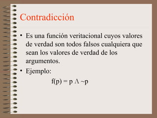 Contradicción
• Es una función veritacional cuyos valores
de verdad son todos falsos cualquiera que
sean los valores de verdad de los
argumentos.
• Ejemplo:
f(p) = p Л ~p
 