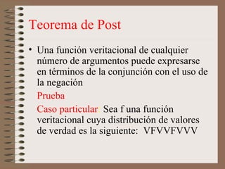 Teorema de Post
• Una función veritacional de cualquier
número de argumentos puede expresarse
en términos de la conjunción con el uso de
la negación
Prueba
Caso particular: Sea f una función
veritacional cuya distribución de valores
de verdad es la siguiente: VFVVFVVV
 