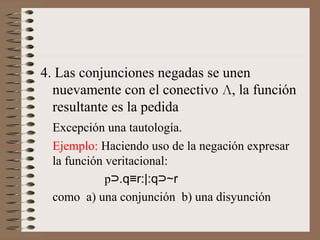 4. Las conjunciones negadas se unen
nuevamente con el conectivo Л, la función
resultante es la pedida
Excepción una tautología.
Ejemplo: Haciendo uso de la negación expresar
la función veritacional:
p⊃.q≡r:∣:q⊃∼r
como a) una conjunción b) una disyunción
 