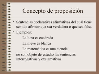 Concepto de proposición
• Sentencias declarativas afirmativas del cual tiene
sentido afirmar que sea verdadera o que sea falsa
• Ejemplos:
La luna es cuadrada
La nieve es blanca
La matemática es una ciencia
no son objeto de estudio las sentencias
interrogativas y exclamativas
 
