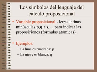 Los símbolos del lenguaje del
cálculo proposicional
• Variable proposicional.- letras latinas
minúsculas p,q,r,s,.... para indicar las
proposiciones (fórmulas atómicas) .
• Ejemplos:
– La luna es cuadrada: p
– La nieve es blanca: q
 