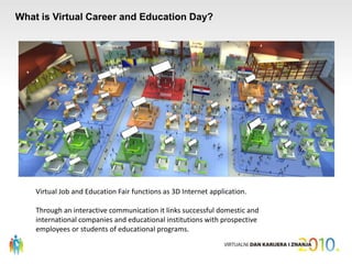 What is Virtual Career and Education Day?Virtual Job and EducationFair functions as 3D Internet application.Through an interactive communication it links successful domestic and international companies and educational institutions with prospective employees or students of educational programs.