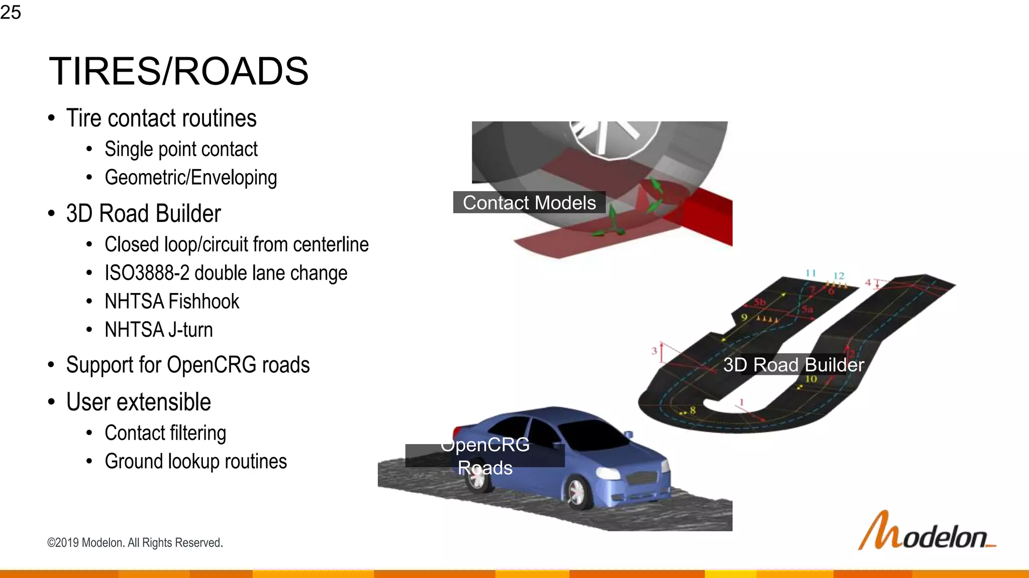 ©2019 Modelon. All Rights Reserved.
OpenCRG
Roads
Contact Models
TIRES/ROADS
25
• Tire contact routines
• Single point contact
• Geometric/Enveloping
• 3D Road Builder
• Closed loop/circuit from centerline
• ISO3888-2 double lane change
• NHTSA Fishhook
• NHTSA J-turn
• Support for OpenCRG roads
• User extensible
• Contact filtering
• Ground lookup routines
3D Road Builder
 