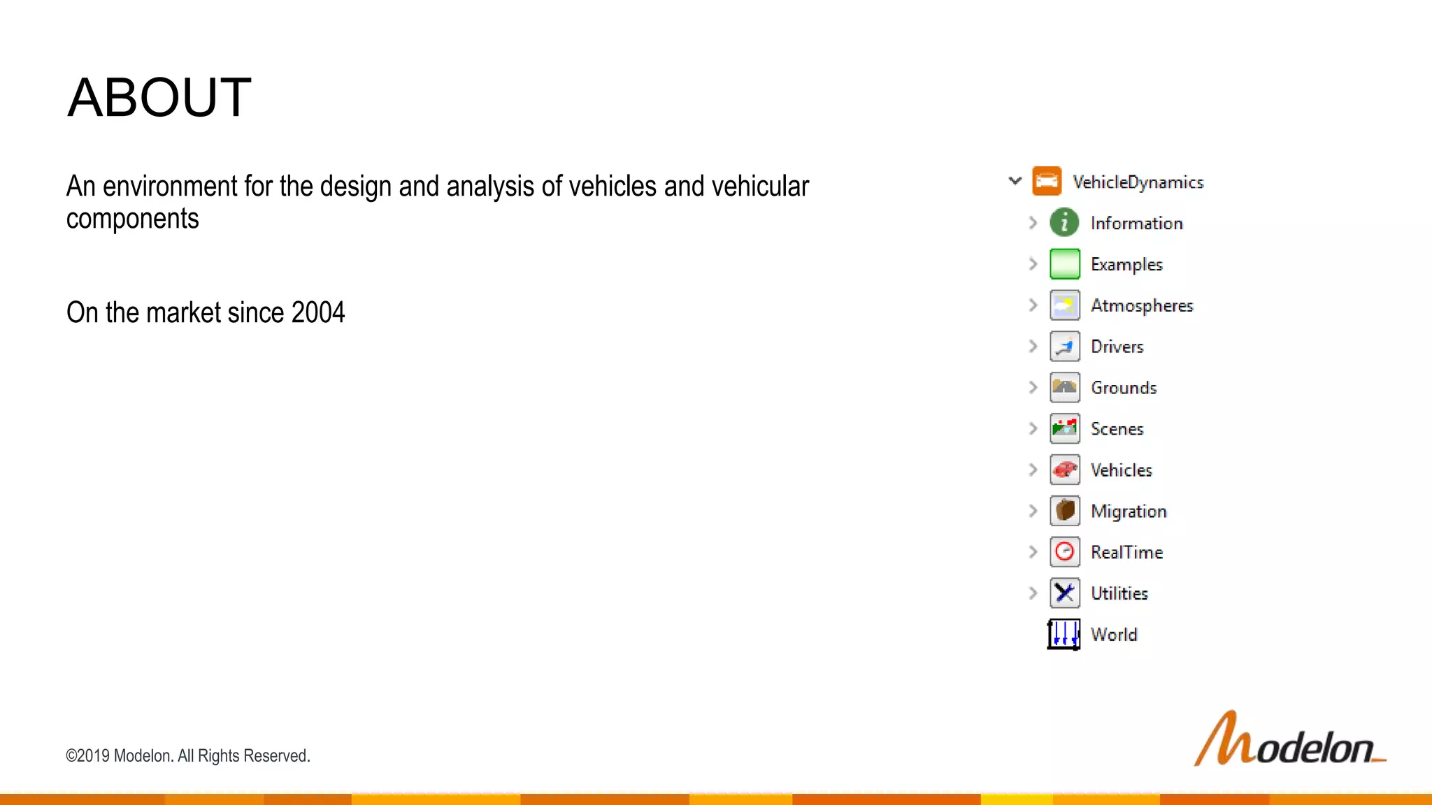 ©2019 Modelon. All Rights Reserved.
An environment for the design and analysis of vehicles and vehicular
components
On the market since 2004
ABOUT
 