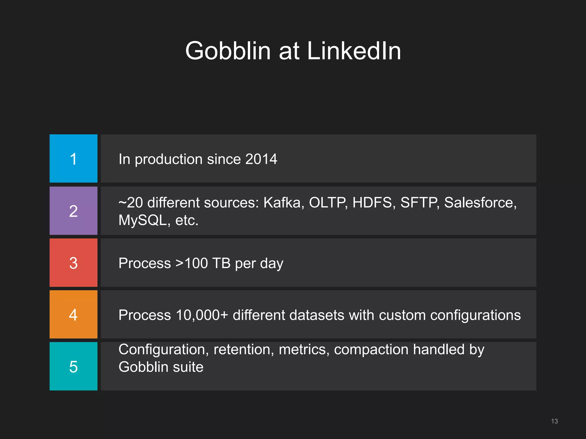 Gobblin at LinkedIn
1 In production since 2014
2
~20 different sources: Kafka, OLTP, HDFS, SFTP, Salesforce,
MySQL, etc.
3 Process >100 TB per day
4 Process 10,000+ different datasets with custom configurations
5
Configuration, retention, metrics, compaction handled by
Gobblin suite
13
 