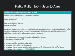 Kafka Puller Job – Json to Avro
27
gobblin-jobs/kafka-puller-jsontoavro.pull
job.template=templates/gobblin-kafka.template
job.schedule=0 0/1 * * * ?
job.name=KafkaPullAvro
topics=jsonDate
converter.classes=gobblin.converter.SchemaInjector,gobblin.converter.json.JsonStringToJ
sonIntermediateConverter,gobblin.converter.avro.JsonIntermediateToAvroConverter
gobblin.converter.schemaInjector.schema=<schema>
writer.builder.class=gobblin.writer.AvroDataWriterBuilder
writer.output.format=AVRO
# Uncomment for partitioning by date
# writer.partition.columns=timestamp
# writer.partitioner.class=gobblin.writer.partitioner.TimeBasedAvroWriterPartitioner
# writer.partition.pattern=yyyy/MM/dd/HH
 