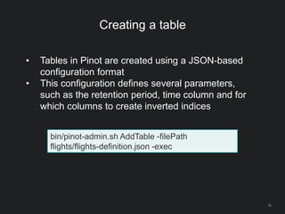 Creating a table
36
bin/pinot-admin.sh AddTable -filePath
flights/flights-definition.json -exec
• Tables in Pinot are created using a JSON-based
configuration format
• This configuration defines several parameters,
such as the retention period, time column and for
which columns to create inverted indices
 