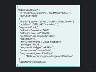 37
{
"tableIndexConfig": {
"invertedIndexColumns":[], "loadMode":"MMAP”,
"lazyLoad":"false”
},
"tenants":{"server":"airline","broker":"airline_broker"},
"tableType":"OFFLINE","metadata":{},
"segmentsConfig":{
"retentionTimeValue":"700”,
"retentionTimeUnit":"DAYS“,
"segmentPushFrequency":"daily“,
"replication":1,
"timeColumnName":"DaysSinceEpoch”,
"timeType":"DAYS”,
"segmentPushType":"APPEND”,
"schemaName":"airlineStats”,
"segmentAssignmentStrategy":
"BalanceNumSegmentAssignmentStrategy”
},
"tableName":"airlineStats“
}
 