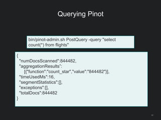 Querying Pinot
42
bin/pinot-admin.sh PostQuery -query "select
count(*) from flights"
{
"numDocsScanned":844482,
"aggregationResults”:
[{"function":"count_star","value":"844482"}],
"timeUsedMs":16,
"segmentStatistics":[],
"exceptions":[],
"totalDocs":844482
}
 