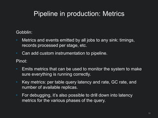 Pipeline in production: Metrics
Gobblin:
• Metrics and events emitted by all jobs to any sink: timings,
records processed per stage, etc.
• Can add custom instrumentation to pipeline.
Pinot:
• Emits metrics that can be used to monitor the system to make
sure everything is running correctly.
• Key metrics: per table query latency and rate, GC rate, and
number of available replicas.
• For debugging, it’s also possible to drill down into latency
metrics for the various phases of the query.
53
 
