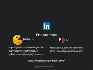 Find out more:
©2015 LinkedIn Corporation. All Rights
Reserved.
Find out more:
©2015 LinkedIn Corporation. All Rights
Reserved.
59
https://github.com/linkedin/gobblin
http://gobblin.readthedocs.io/
gobblin-users@googlegroups.com
P not
https://github.com/linkedin/pinot
pinot-users@googlegroups.com
https://engineering.linkedin.com/
 