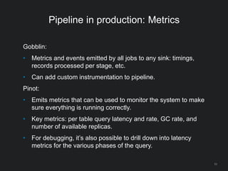 Pipeline in production: Offline and real time
Gobblin:
• Mostly offline job. Can run frequently with small batches.
• More...