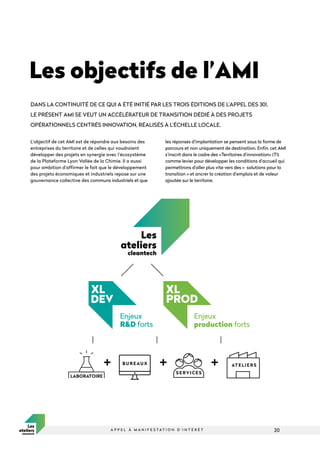 20
A P P E L À M A N I F E S T A T I O N D ’ I N T É R Ê T
DANS LA CONTINUITÉ DE CE QUI A ÉTÉ INITIÉ PAR LES TROIS ÉDITIONS DE L’APPEL DES 30!,
LE PRÉSENT AMI SE VEUT UN ACCÉLÉRATEUR DE TRANSITION DÉDIÉ À DES PROJETS
OPÉRATIONNELS CENTRÉS INNOVATION, RÉALISÉS À L’ÉCHELLE LOCALE.
L’objectif de cet AMI est de répondre aux besoins des
entreprises du territoire et de celles qui voudraient
développer des projets en synergie avec l’écosystème
de la Plateforme Lyon Vallée de la Chimie. Il a aussi
pour ambition d’affirmer le fait que le développement
des projets économiques et industriels repose sur une
gouvernance collective des communs industriels et que
les réponses d’implantation se pensent sous la forme de
parcours et non uniquement de destination. Enfin, cet AMI
s’inscrit dans le cadre des «Territoires d’innovation» (TI)
comme levier pour développer les conditions d’accueil qui
permettrons d’aller plus vite vers des « solutions pour la
transition » et ancrer la création d’emplois et de valeur
ajoutée sur le territoire.
Les objectifs de l’AMI
Enjeux
RD forts
Enjeux
production forts
B U R E AU X
LABORATOIRE
S E RV I C E S
AT E L I E R S
 