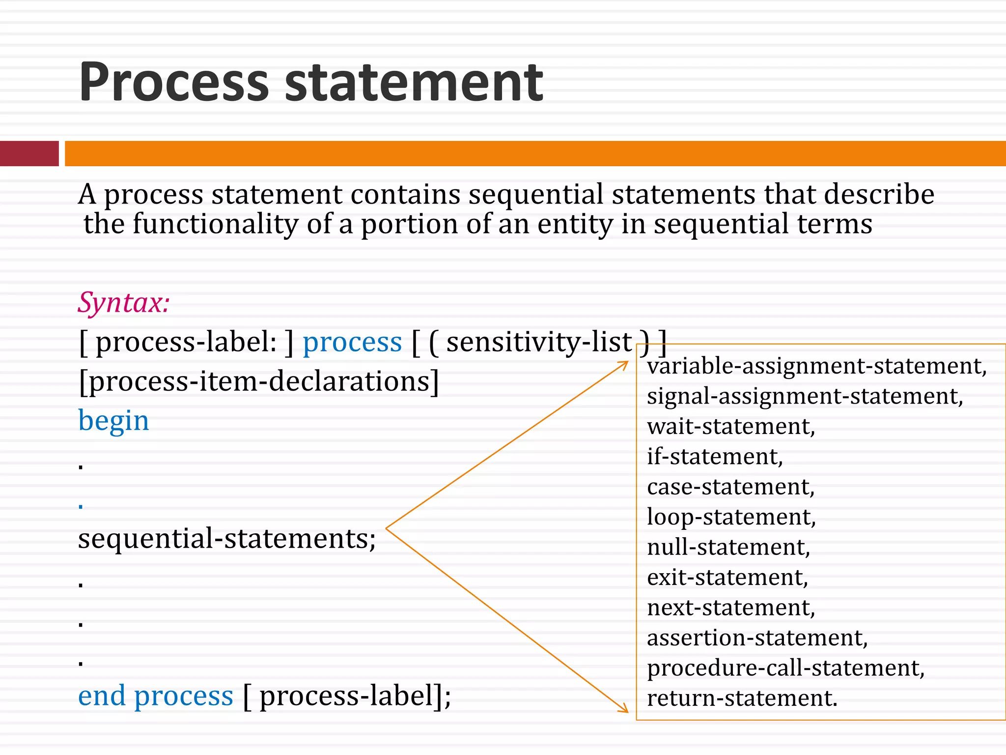 Process statement
A process statement contains sequential statements that describe
the functionality of a portion of an entity in sequential terms
Syntax:
[ process-label: ] process [ ( sensitivity-list ) ]
[process-item-declarations]
begin
.
.
sequential-statements;
.
.
.
end process [ process-label];
variable-assignment-statement,
signal-assignment-statement,
wait-statement,
if-statement,
case-statement,
loop-statement,
null-statement,
exit-statement,
next-statement,
assertion-statement,
procedure-call-statement,
return-statement.
 