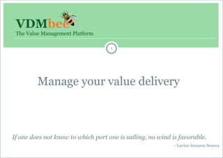 The Value Management Platform
Manage your value delivery
If one does not know to which port one is sailing, no wind is favorable.
- Lucius Annaeus Seneca
1
 