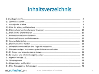 Inhaltsverzeichnis2. Grundlagen der PR ....................................................................................................................... 	72.1 Definitionen von PR ...................................................................................……………………………..	72.2 Soziologische Aspekte ................................................................................................................ 	92.2.1 Von der Mikro- zur Makroebene ............................................................................................ 	92.2.2 Wechselspiel von Handlung und Strukturen .......................................................................... 	102.2.3 Persönliche Öffentlichkeiten ................................................................................................... 	152.2.4 Interaktion in sozialen Systemen ............................................................................................ 	192.2.5 Communities und soziale Netzwerke ..................................................................................... 	222.3 Kommunikationslehre ............................................................................................................... 	232.3.1 Kommunikatives Handeln ...................................................................................................... 	232.3.2 Netzwerkkommunikation: eine Frage der Perspektive ..........................................................	 282.3.3 Netzwerkanalyse: Strukturierung der Online-Kommunikation ..............................................	 312.3.3.1 Knoten- und akteursbezogene Analyse ...............................................................................	 312.3.3.2 Struktur- und relationsbezogene Analyse ...........................................................................332.3.4 Sprache im Web 2.0 ................................................................................................................	362.4 PR-Management ........................................................................................................................	 382.4.1 Organisation und Funktion .....................................................................................................	 382.4.2 Von Zielgruppen zu Dialoggruppen .........................................................................................	 425PR 2.0: Kommunikation im Social Web