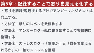 第5章：記録することで怒りを見える化する
・怒りを記録/客観視するだけでアンガーマネジメントは
向上する。
・方法①：怒りのレベルを数値化する
・方法②：アンガーログ→紙に書き出すことで客観的に
整理する
・方法③：ストレスログ→「重要か」と「自分で変えら
れるか」の二軸でストレスを整理
 