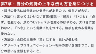 第7章：自分の気持の上手な伝え方を身につける
・怒りの後ろには伝えたい気持ちがあるので、伝え方が大切。
・方法①：言ってはいけない言葉/表現→「絶対」「いつも」「必
ず」を避ける。決めつけ/レッテルを貼るのはやめる。大げさに言
わない。「べき」という言葉に気をつける。相手を責める言葉を
使わない。
・方法②：会話の主語を「私」にする→思いが伝わる
・アサーティブコミュニケーション→相手の思いを聞きつつ、自
分の思いを主張をすること。
 