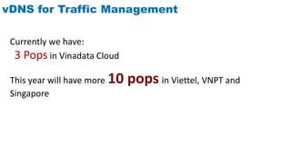 vDNS for Traffic Management
Currently we have:
3 Pops in Vinadata Cloud
This year will have more 10 pops in Viettel, VNPT and
Singapore
 