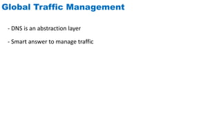 Global Traffic Management
- DNS is an abstraction layer
- Smart answer to manage traffic
 