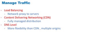 Manage Traffic
- Load Balancing
- Network proxy to servers
- Content Delivering Networking (CDN)
- Fully managed distribution
- DNS Level
- More flexibility than CDN , multiple origins
 