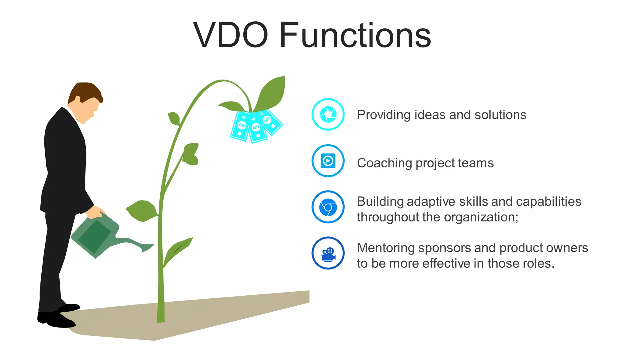 VDO Functions
Providing ideas and solutions
Coaching project teams
Building adaptive skills and capabilities
throughout the organization;
Mentoring sponsors and product owners
to be more effective in those roles.
 