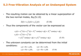 © 2011 Mechanical Vibrations Fifth Edition in SI Units
20
5.3 Free-Vibration Analysis of an Undamped System
• The resulting motion can be obtained by a linear superposition of
the two normal modes, Eq.(5.13)
• Thus the components of the vector can be expressed as
• The unknown constants can be determined from the initial
conditions:
)
14
.
5
(
)
(
)
(
)
( 2
2
1
1 t
x
c
t
x
c
t
x





)
15
.
5
(
)
cos(
)
cos(
)
(
)
(
)
(
)
cos(
)
cos(
)
(
)
(
)
(
2
2
)
2
(
1
2
1
1
)
1
(
1
1
)
2
(
2
)
1
(
2
2
2
2
)
2
(
1
1
1
)
1
(
1
)
2
(
1
)
1
(
1
1




















t
X
r
t
X
r
t
x
t
x
t
x
t
X
t
X
t
x
t
x
t
x
)
16
.
5
(
)
0
(
)
0
(
),
0
(
)
0
(
),
0
(
)
0
(
),
0
(
)
0
(
2
2
2
2
1
1
1
1
x
t
x
x
t
x
x
t
x
x
t
x












 