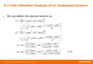 © 2011 Mechanical Vibrations Fifth Edition in SI Units
22
5.3 Free-Vibration Analysis of an Undamped System
• We can obtain the desired solution as
 
   
   
 
   
   
)
18
.
5
(
)
0
(
)
0
(
[
)
0
(
)
0
(
tan
cos
sin
tan
)
0
(
)
0
(
[
)
0
(
)
0
(
tan
cos
sin
tan
)
0
(
)
0
(
)
0
(
)
0
(
)
(
1
sin
cos
)
0
(
)
0
(
)
0
(
)
0
(
)
(
1
sin
cos
2
1
1
2
2
1
1
1
2
)
2
(
1
2
)
2
(
1
1
2
2
1
2
1
2
1
2
1
1
)
1
(
1
1
)
1
(
1
1
1
2
/
1
2
2
2
2
1
1
2
2
1
1
1
2
2
/
1
2
2
)
2
(
1
2
2
)
2
(
1
)
2
(
1
2
/
1
2
1
2
2
1
2
2
2
1
2
1
2
2
/
1
2
1
)
1
(
1
2
1
)
1
(
1
)
1
(
1







































 












 











x
x
r
x
x
r
X
X
x
x
r
x
x
r
X
X
x
x
r
x
x
r
r
r
X
X
X
x
x
r
x
x
r
r
r
X
X
X






















 