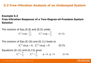 © 2011 Mechanical Vibrations Fifth Edition in SI Units
27
5.3 Free-Vibration Analysis of an Undamped System
Example 5.3
Free-Vibration Response of a Two-Degree-of-Freedom System
Solution
The solution of Eqs.(E.8) and (E.9) yields
The solution of Eqs.(E.10) and (E.11) leads to
Equations (E.12) and (E.13) gives
(E.12)
7
2
cos
;
7
5
cos 2
)
2
(
1
1
)
1
(
1 
 
 X
X
(E.13)
0
sin
,
0
sin 2
)
2
(
1
1
)
1
(
1 
 
 X
X
(E.14)
0
,
0
,
7
2
,
7
5
2
1
)
2
(
1
)
1
(
1 


 

X
X
 