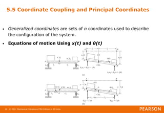 © 2011 Mechanical Vibrations Fifth Edition in SI Units
36
5.5 Coordinate Coupling and Principal Coordinates
• Generalized coordinates are sets of n coordinates used to describe
the configuration of the system.
• Equations of motion Using x(t) and θ(t)
 
