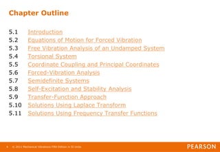 © 2011 Mechanical Vibrations Fifth Edition in SI Units
4
Chapter Outline
5.1 Introduction
5.2 Equations of Motion for Forced Vibration
5.3 Free Vibration Analysis of an Undamped System
5.4 Torsional System
5.5 Coordinate Coupling and Principal Coordinates
5.6 Forced-Vibration Analysis
5.7 Semidefinite Systems
5.8 Self-Excitation and Stability Analysis
5.9 Transfer-Function Approach
5.10 Solutions Using Laplace Transform
5.11 Solutions Using Frequency Transfer Functions
 