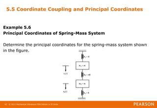 © 2011 Mechanical Vibrations Fifth Edition in SI Units
42
5.5 Coordinate Coupling and Principal Coordinates
Example 5.6
Principal Coordinates of Spring-Mass System
Determine the principal coordinates for the spring-mass system shown
in the figure.
 