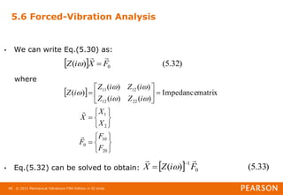 © 2011 Mechanical Vibrations Fifth Edition in SI Units
48
5.6 Forced-Vibration Analysis
• We can write Eq.(5.30) as:
where
• Eq.(5.32) can be solved to obtain:
  )
32
.
5
(
)
( 0
F
X
i
Z




 






















20
10
0
2
1
22
12
12
11
matrix
Impedance
)
(
)
(
)
(
)
(
)
(
F
F
F
X
X
X
i
Z
i
Z
i
Z
i
Z
i
Z







  )
33
.
5
(
)
( 0
1
F
i
Z
X

 
 
 