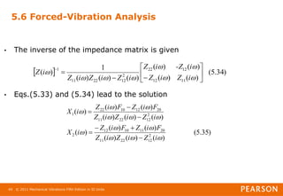 © 2011 Mechanical Vibrations Fifth Edition in SI Units
49
5.6 Forced-Vibration Analysis
• The inverse of the impedance matrix is given
• Eqs.(5.33) and (5.34) lead to the solution
  )
34
.
5
(
)
(
)
(
)
(
)
(
)
(
)
(
)
(
1
)
(
11
12
12
22
2
12
22
11
1


















i
Z
i
Z
i
-Z
i
Z
i
Z
i
Z
i
Z
i
Z
)
35
.
5
(
)
(
)
(
)
(
)
(
)
(
)
(
)
(
)
(
)
(
)
(
)
(
)
(
2
12
22
11
20
11
10
12
2
2
12
22
11
20
12
10
22
1












i
Z
i
Z
i
Z
F
i
Z
F
i
Z
i
X
i
Z
i
Z
i
Z
F
i
Z
F
i
Z
i
X







 