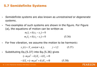 © 2011 Mechanical Vibrations Fifth Edition in SI Units
55
5.7 Semidefinite Systems
• Semidefinite systems are also known as unrestrained or degenerate
systems.
• Two examples of such systems are shown in the figure. For Figure
(a), the equations of motion can be written as
• For free vibration, we assume the motion to be harmonic:
• Substituting Eq.(5.37) into Eq.(5.36) gives
)
36
.
5
(
0
)
(
0
)
(
1
2
2
2
2
1
1
1






x
x
k
x
m
x
x
k
x
m




)
37
.
5
(
2
,
1
),
cos(
)
( 

 j
t
X
t
x j
j
j 

)
38
.
5
(
0
)
(
0
)
(
2
2
2
1
2
1
2
1









X
k
m
kX
kX
X
k
m


 