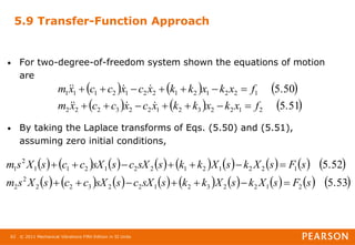 © 2011 Mechanical Vibrations Fifth Edition in SI Units
62
5.9 Transfer-Function Approach
• For two-degree-of-freedom system shown the equations of motion
are
• By taking the Laplace transforms of Eqs. (5.50) and (5.51),
assuming zero initial conditions,
     
     
5.51
5.50
2
1
2
2
3
2
1
2
2
3
2
2
2
1
2
2
1
2
1
2
2
1
2
1
1
1
f
x
k
x
k
k
x
c
x
c
c
x
m
f
x
k
x
k
k
x
c
x
c
c
x
m






















                 
                 
5.53
5.52
2
1
2
2
3
2
1
2
2
3
2
2
2
2
1
2
2
1
2
1
2
2
1
2
1
1
2
1
s
F
s
X
k
s
X
k
k
s
sX
c
s
sX
c
c
s
X
s
m
s
F
s
X
k
s
X
k
k
s
sX
c
s
sX
c
c
s
X
s
m














 