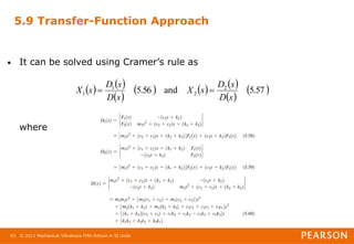 © 2011 Mechanical Vibrations Fifth Edition in SI Units
63
5.9 Transfer-Function Approach
• It can be solved using Cramer’s rule as
where
   
 
     
 
 
5.57
and
5.56 2
2
1
1
s
D
s
D
s
X
s
D
s
D
s
X 

 