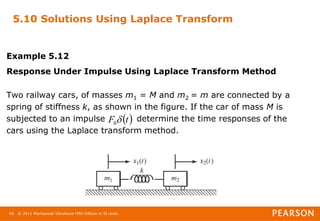 © 2011 Mechanical Vibrations Fifth Edition in SI Units
66
5.10 Solutions Using Laplace Transform
Example 5.12
Response Under Impulse Using Laplace Transform Method
Two railway cars, of masses m1 = M and m2 = m are connected by a
spring of stiffness k, as shown in the figure. If the car of mass M is
subjected to an impulse determine the time responses of the
cars using the Laplace transform method.
 
t
F 
0
 