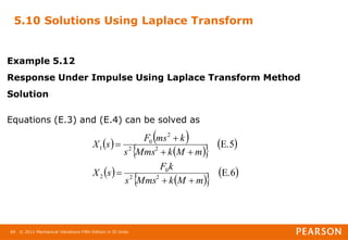 © 2011 Mechanical Vibrations Fifth Edition in SI Units
69
5.10 Solutions Using Laplace Transform
Example 5.12
Response Under Impulse Using Laplace Transform Method
Solution
Equations (E.3) and (E.4) can be solved as
   
 
   
 
 
   
E.6
E.5
2
2
0
2
2
2
2
0
1
m
M
k
Mms
s
k
F
s
X
m
M
k
Mms
s
k
ms
F
s
X







 