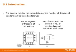 © 2011 Mechanical Vibrations Fifth Edition in SI Units
7
5.1 Introduction
• The general rule for the computation of the number of degrees of
freedom can be stated as follows:
=
No. of degrees
of freedom of
the system
No. of masses in the
system x no. of
possible types of
motion of each mass
 