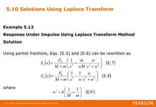 © 2011 Mechanical Vibrations Fifth Edition in SI Units
70
5.10 Solutions Using Laplace Transform
Example 5.12
Response Under Impulse Using Laplace Transform Method
Solution
Using partial fractions, Eqs. (E.5) and (E.6) can be rewritten as
where
   
   
E.8
1
1
E.7
1
2
2
2
0
2
2
2
2
0
1




















w
s
w
w
s
m
M
F
s
X
w
s
w
wM
m
s
m
M
F
s
X
 
E.9
1
1
2








m
M
k
w
 