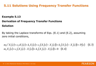 © 2011 Mechanical Vibrations Fifth Edition in SI Units
75
5.11 Solutions Using Frequency Transfer Functions
Example 5.13
Derivation of Frequency Transfer Functions
Solution
By taking the Laplace transforms of Eqs. (E.1) and (E.2), assuming
zero initial conditions,
         
     
     
     
     
   
E.4
0
E.3
1
2
2
1
2
2
2
2
1
2
1
2
2
1
2
1
1
1
1
1
2
1












s
X
s
X
k
s
X
s
X
c
s
X
m
s
P
s
X
s
X
k
s
X
s
X
c
s
X
k
s
sX
c
s
X
s
m
 