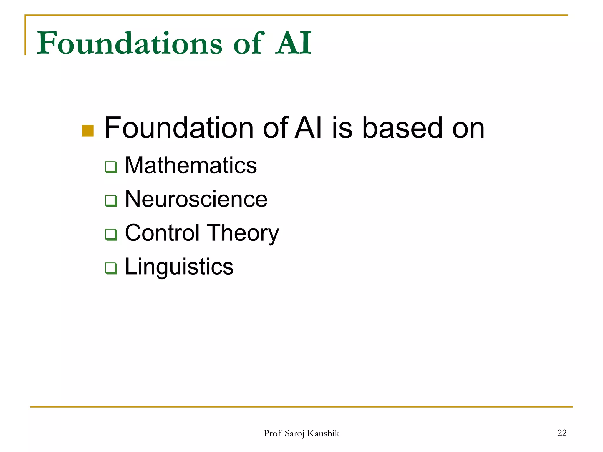 Prof Saroj Kaushik 22
Foundations of AI
 Foundation of AI is based on
 Mathematics
 Neuroscience
 Control Theory
 Linguistics
 