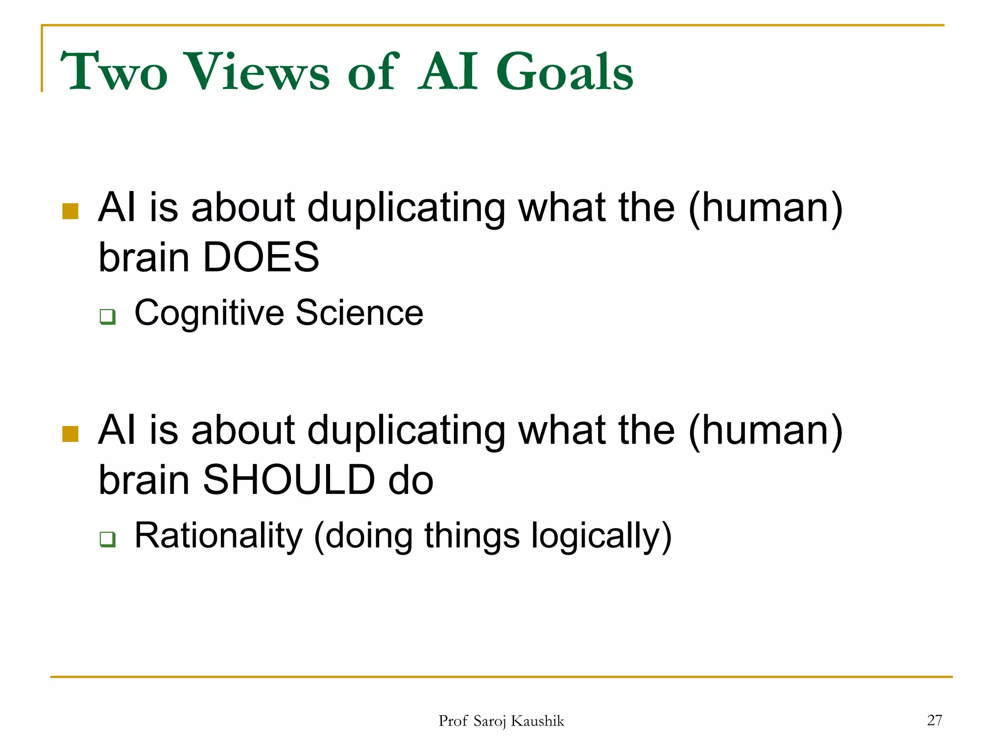 Prof Saroj Kaushik 27
Two Views of AI Goals
 AI is about duplicating what the (human)
brain DOES
 Cognitive Science
 AI is about duplicating what the (human)
brain SHOULD do
 Rationality (doing things logically)
 