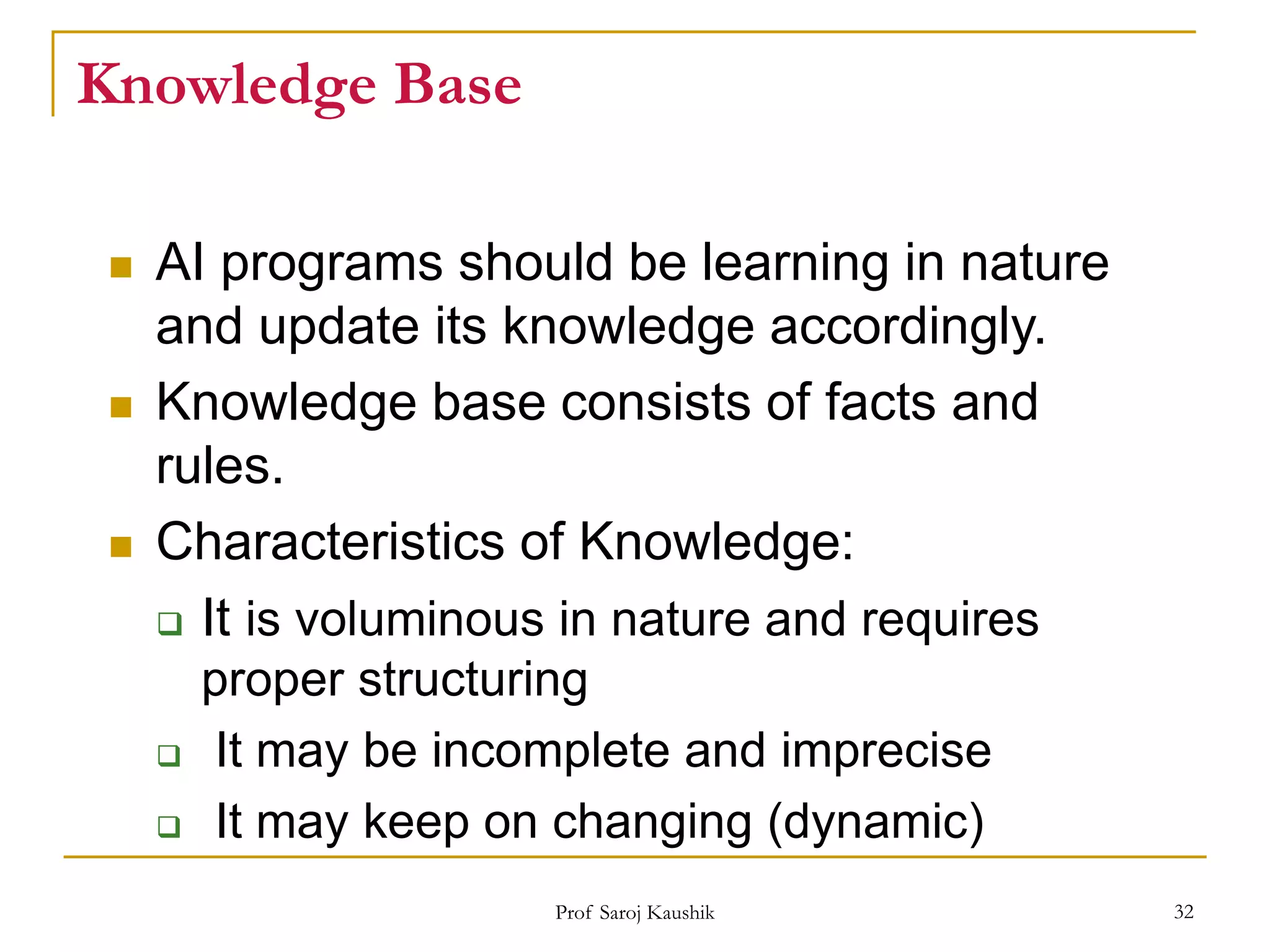 Prof Saroj Kaushik 32
Knowledge Base
 AI programs should be learning in nature
and update its knowledge accordingly.
 Knowledge base consists of facts and
rules.
 Characteristics of Knowledge:
 It is voluminous in nature and requires
proper structuring
 It may be incomplete and imprecise
 It may keep on changing (dynamic)
 